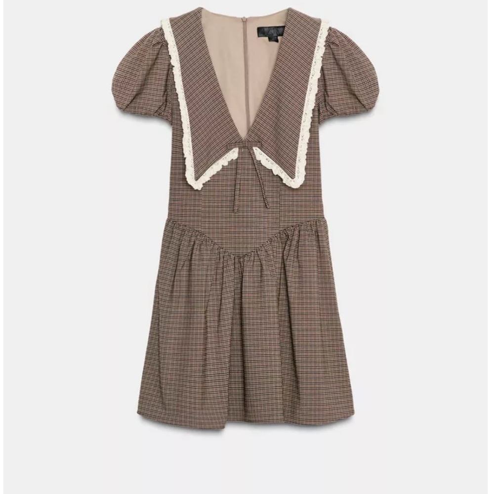 Zara Brown Plaid Midi Dress with Puff Sleeves M